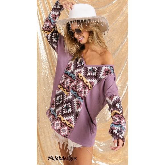 LAST 1! V Neck Mauve/Lilac Mix Aztec Print Soft Color Block Top - Picture 7 of 11